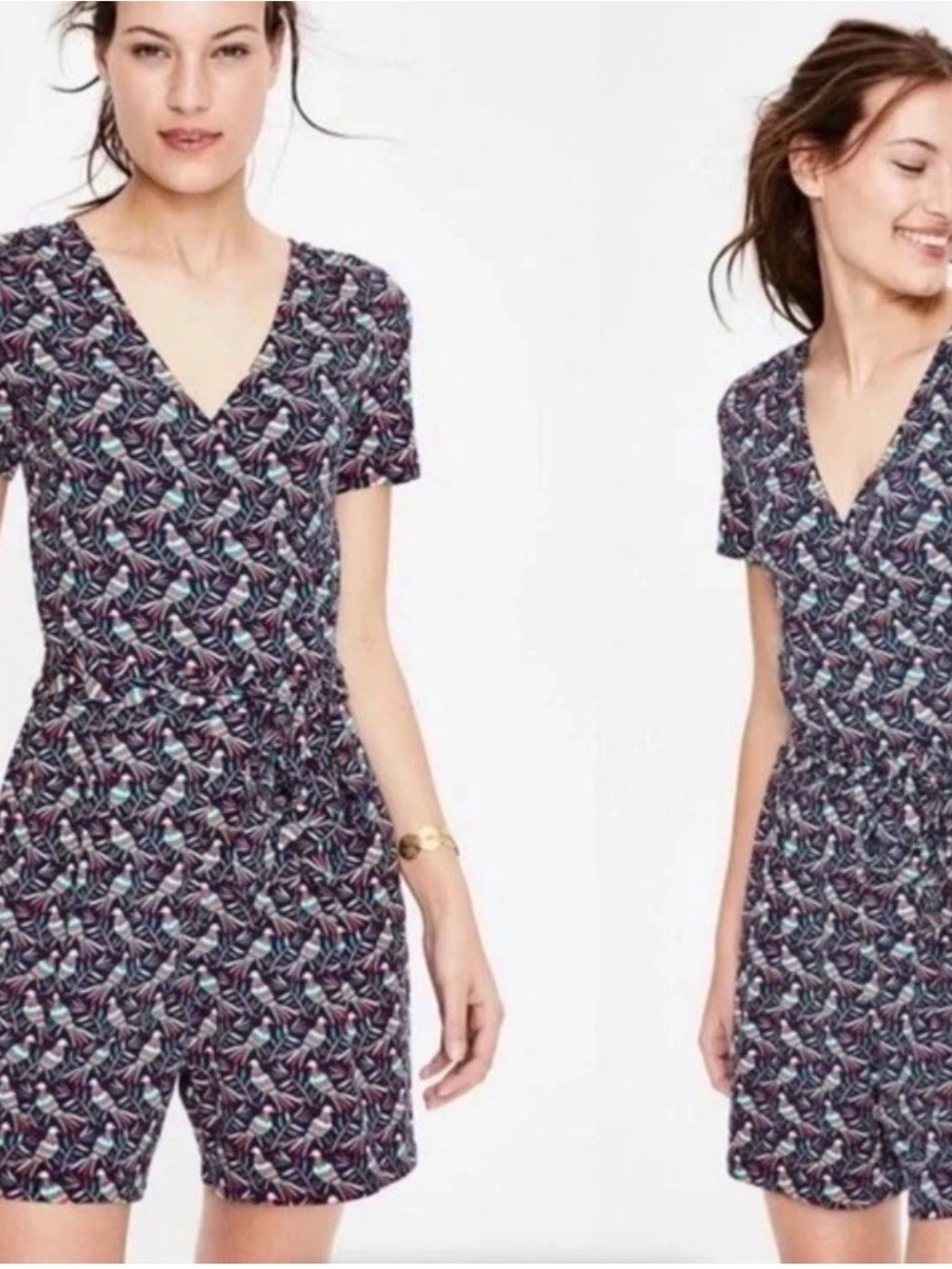 Boden Navy Bird Print V-Neck Short-Sleeve Romper
